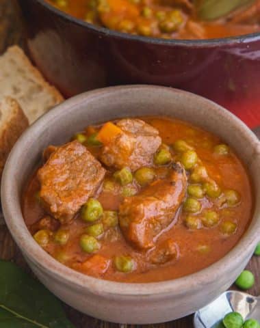 Stew in a red pot and some in a bowl.
