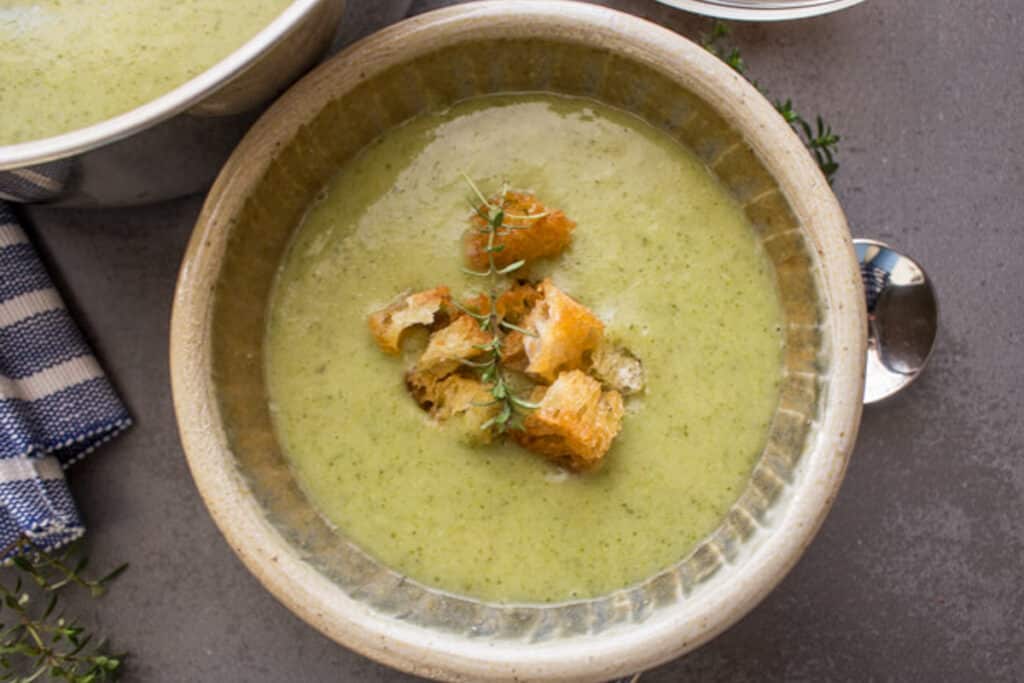 Soup in a grey bowl.