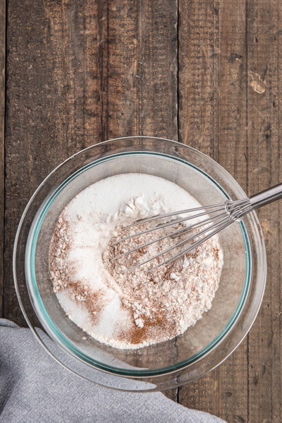 the dry ingredients whisked in a glass bowl.
