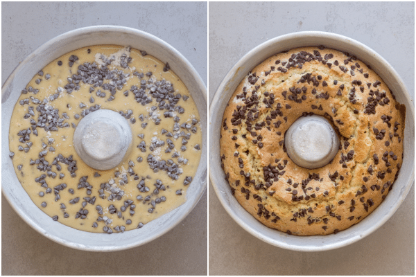 the cake before and after baking in a tube pan