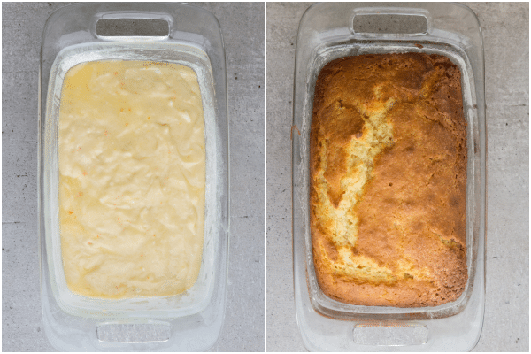 the batter in a glass loaf pan before and after baked