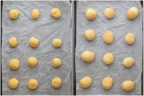 dough balls on a parchment paper lined cookie sheet before and after baking