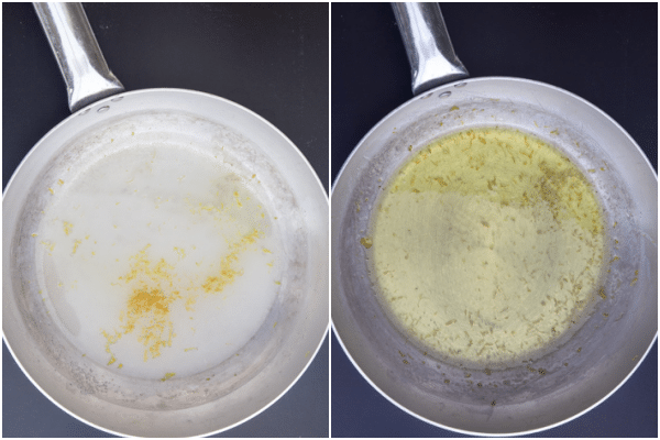 making the sugar and lemon mixture in a silver frying pan